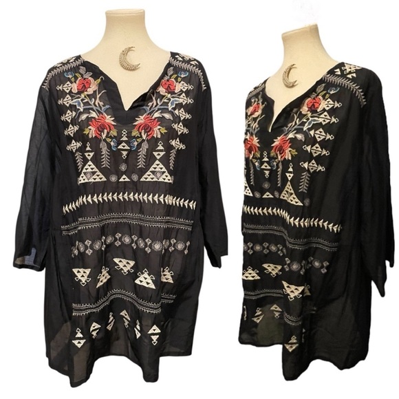 2X Johnny Was 3JW Flowers & Geometric Embroidered Black 3/4 Sleeve Top Tunic NWT - Picture 3 of 16